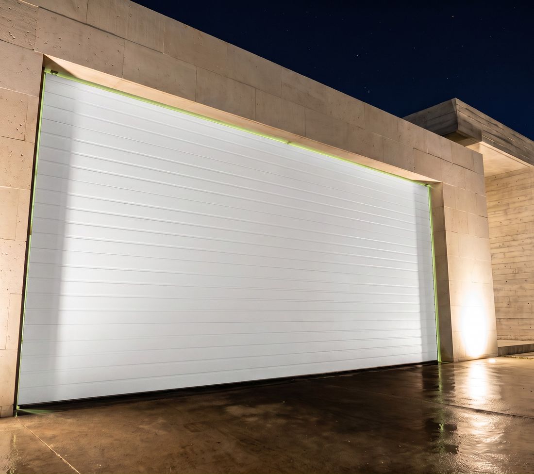 Puerta seccional Azteca Drive Blanca Rayas, ranurado horizontal fino sobre acabado blanco