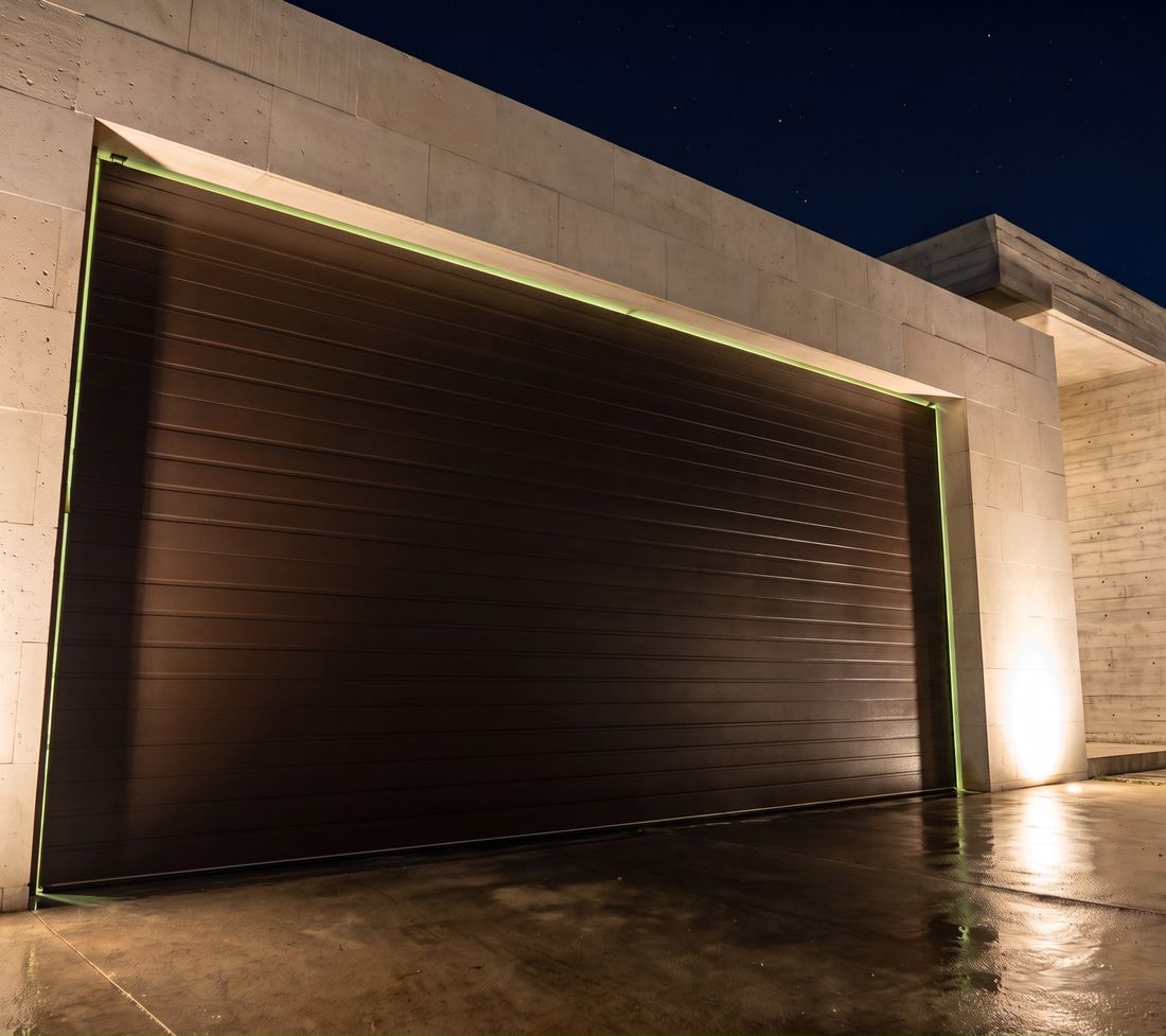 Puerta seccional Azteca Drive Chocolate Rayas, café profundo con ranurado horizontal