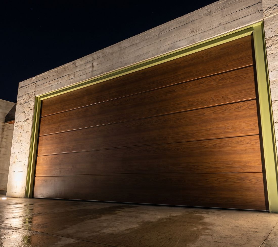 Puerta seccional Azteca Drive Madera Lisa, laminado roble oscuro de superficie continua