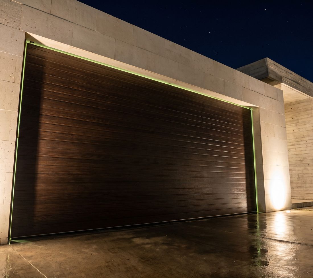 Puerta seccional Azteca Drive acabado madera con ranurado horizontal instalada en fachada de concreto